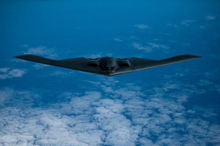 A B-2 Spirit bomber deployed from Whiteman Air Force Base, Missouri, flies near Joint Base Pearl Harbor-Hickam, Hawaii, during an interoperability training mission Jan. 15, 2019. The aircraft are flying in support of a U.S. Strategic Command Bomber Task Force mission. U.S. Strategic Command’s Bomber Forces regularly conduct combined theater security cooperation engagements with allies and partners, demonstrating the U.S. capability to command, control and conduct bomber missions across the globe.  (U.S. Air Force photo by Master Sgt. Russ Scalf)