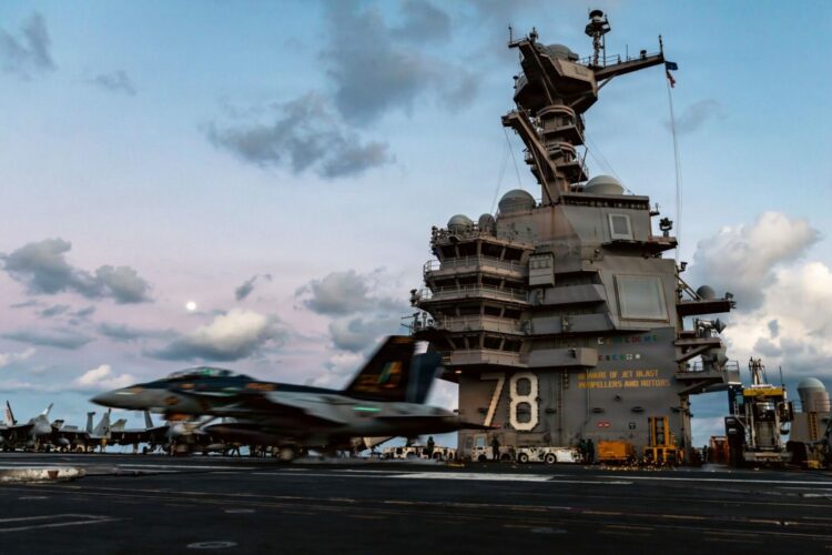 An F/A-18F Super Hornet aircraft, attached to Strike Fighter Squadron 213, lands on the flight deck of the world’s largest aircraft carrier, USS Gerald R. Ford (CVN 78), while operating in the Eastern Mediterranean Sea in support of Operation Epic Fury, March 2, 2026. (U.S. Navy photo)